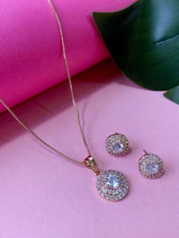 I Jewels - Rose Gold Plated CZ American Diamond Chain Pendant Necklace Set