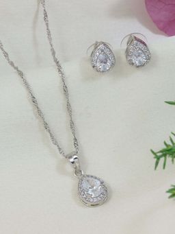 I Jewels - Silver Plated Cubic Zirconia American Diamond Chain Drop Pendent Necklace Set for Women