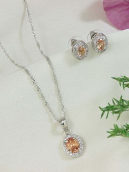 I Jewels - Silver Plated Cubic Zirconia American Diamond Chain Pendent Necklace Earrings Set for Women