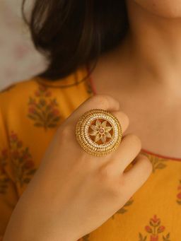 I Jewels - Multi-Color Floral Pearl Gold-Toned Festive Ring