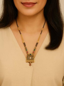 I Jewels - Traditional Studded Pendant Bead Dual Chain Mangalsutra with Earrings