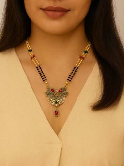 I Jewels - Traditional Studded Pendant Bead Dual Chain Mangalsutra with Earrings