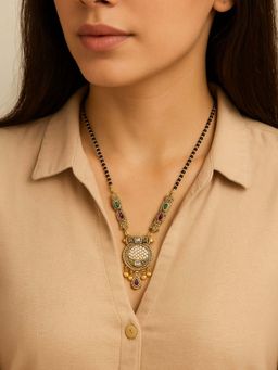 I Jewels - Traditional Studded Pendant Bead Chain Mangalsutra with Earrings