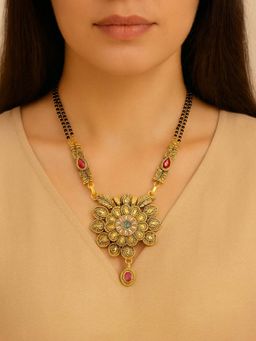 I Jewels - Traditional Studded Pendant Bead Dual Chain Mangalsutra with Earrings