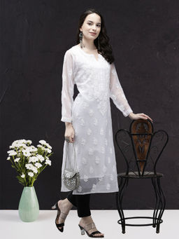 ADA - Hand Embroidered White/Black Georgette Chikankari Kurta Set With Slip (Set of 3) [A811204]