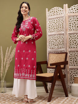 ADA - Hand Embroidered Lucknowi Chikankari Ethnic Motifs Magenta Cotton Kurta