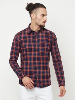 CRIMSOUNE CLUB - Men Orange & Navy Blue Checks Casual Shirt