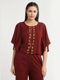 Zink London - Womens Maroon Embroidered Top