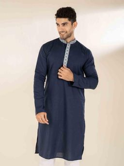 The Bleu Label - Mens Ethnic Mandarin Collar Cotton Full Sleeves Kurta Navy Blue