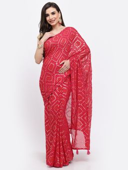 KISHORI - Women Bandhani Georgette Saree & Blouse Pink with Unstitched
