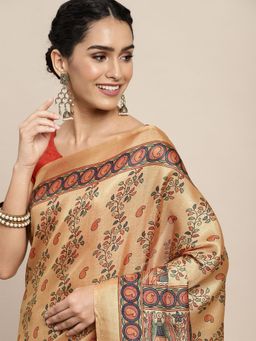 Odette - Khadi Silk Mustard Printed Saree with Unstitched Blouse