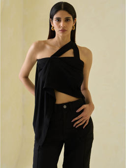 No Grey Area - Black One Shoulder Draped Top