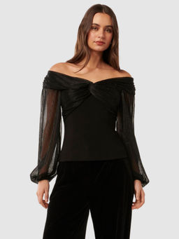 Forever New - Alyssa Twist Front Plisse Top Black