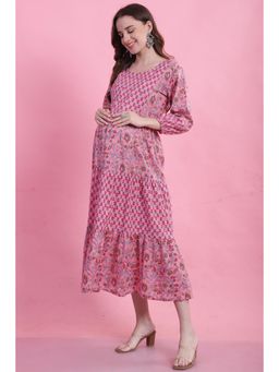 Rajnandini - Pink Cotton Jaipuri Floral Printed Maternity Dress