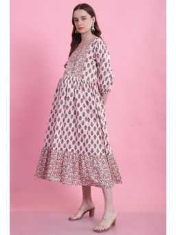 Rajnandini - White Cotton Jaipuri Floral Printed Maternity Dress