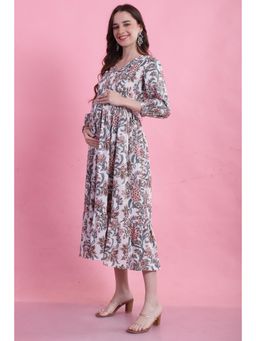 Rajnandini - White Cotton Jaipuri Floral Printed Maternity Dress