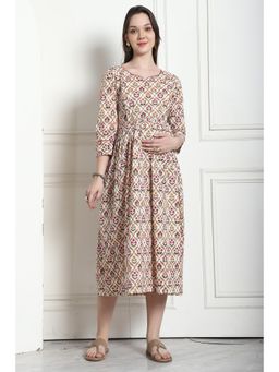 Rajnandini - Beige Cotton Jaipuri Floral Printed Maternity Dress