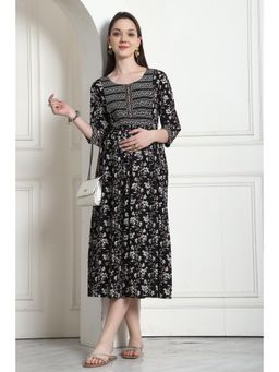 Rajnandini - Black Cotton Jaipuri Floral Printed Maternity Dress