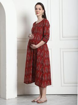 Rajnandini - Brown Cotton Jaipuri Printed Maternity Dress