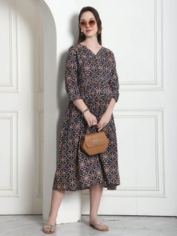 Rajnandini - Navy Blue Cotton Jaipuri Printed Maternity Dress