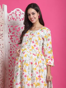 Rajnandini - White Cotton Jaipuri Floral Printed Maternity Dress