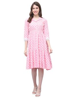 Rajnandini - Pink Cotton Floral Printed Three Fourth Sleeves Dress