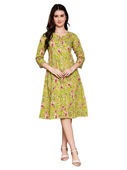 Rajnandini - Green Round Neck Three Fourth Sleeves Cotton Dress