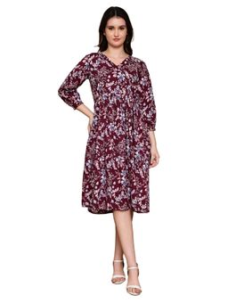 Rajnandini - Wine V-Neck Three Fourth Sleeves Cotton Dress
