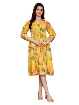 Rajnandini - Yellow Round Neck Three Fourth Sleeves Cotton Dress