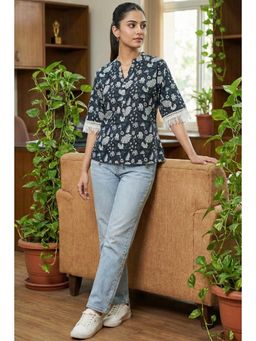 Rajnandini - Black Cotton Floral Printed Top