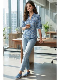 Rajnandini - Blue Cotton Floral Printed Top