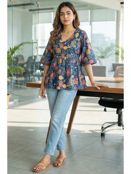 Rajnandini - Teal Cotton Floral Printed Top