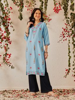 Silk Land - Women's Cotton Floral Printed Straight Kurta