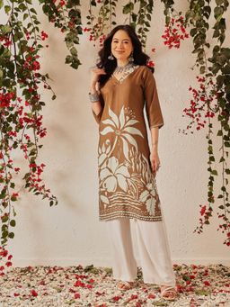 Silk Land - Women's Rayon Regular Straight Floral Printed Kurta