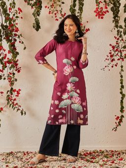 Silk Land - Women's Rayon Blend Straight Floral Printed Kurta
