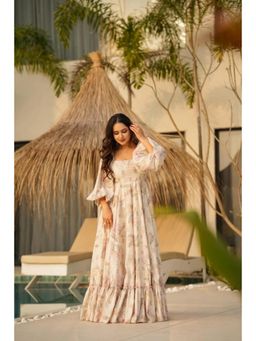 Wedani - Cream Square Neck Elegant Floral Print Dress