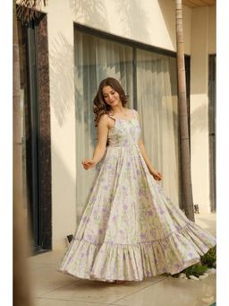 Wedani - Off White Square Neck Elegant Floral Print Dress