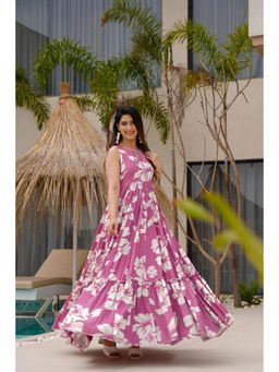 Wedani - Pink Round Neck Elegant Floral Print Dress