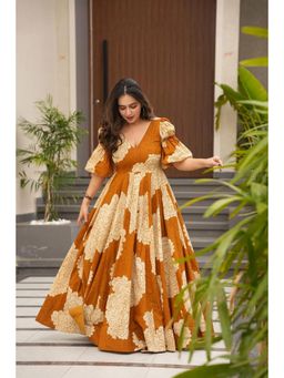 Wedani - Mustard V-Neck Elegant Floral Print Dress