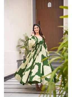 Wedani - Green Square Neck Elegant Floral Print Dress