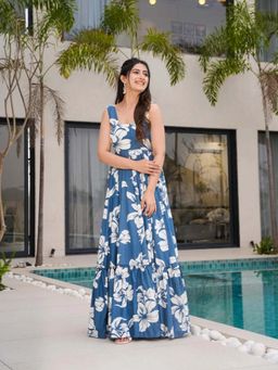 Wedani - Blue Square Neck Elegant Floral Print Dress