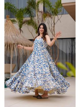 Wedani - Navy Blue Sweetheart Elegant Floral Print Dress