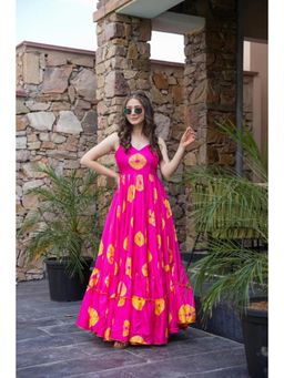 Wedani - Pink V-Neck Elegant Floral Print Dress