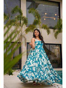 Wedani - Aqua Sweetheart Elegant Floral Print Dress