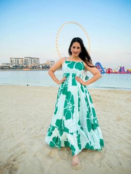 Wedani - Green Square Neck Elegant Floral Print Dress