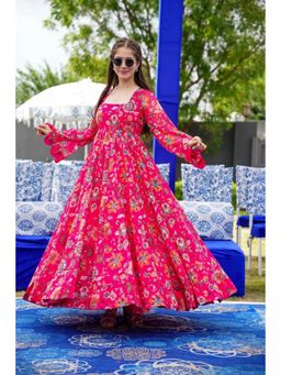 Wedani - Pink Square Neck Elegant Floral Print Dress