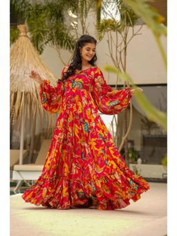 Wedani - Red Sweetheart Elegant Floral Print Dress
