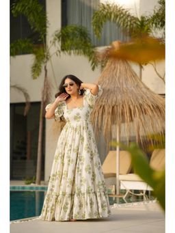 Wedani - Green Square Neck Elegant Floral Print Dress