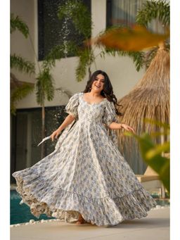 Wedani - Off White Sweetheart Elegant Floral Print Dress