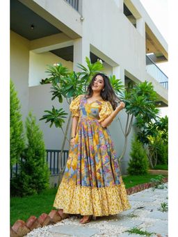 Wedani - Yellow V-Neck Elegant Floral Print Dress